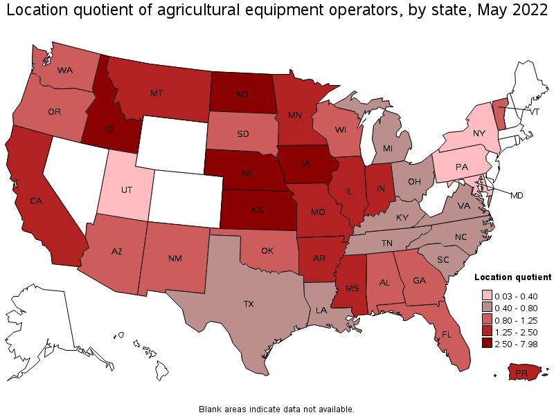 Map of location quotient of agricultural equipment operators by state, May 2022