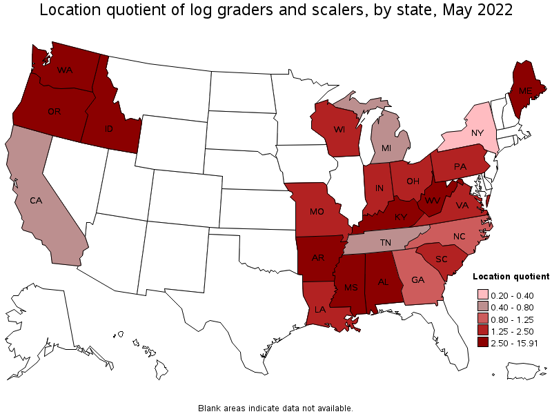 Map of location quotient of log graders and scalers by state, May 2022