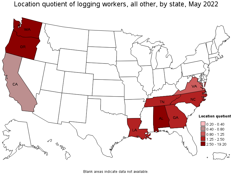 Map of location quotient of logging workers, all other by state, May 2022