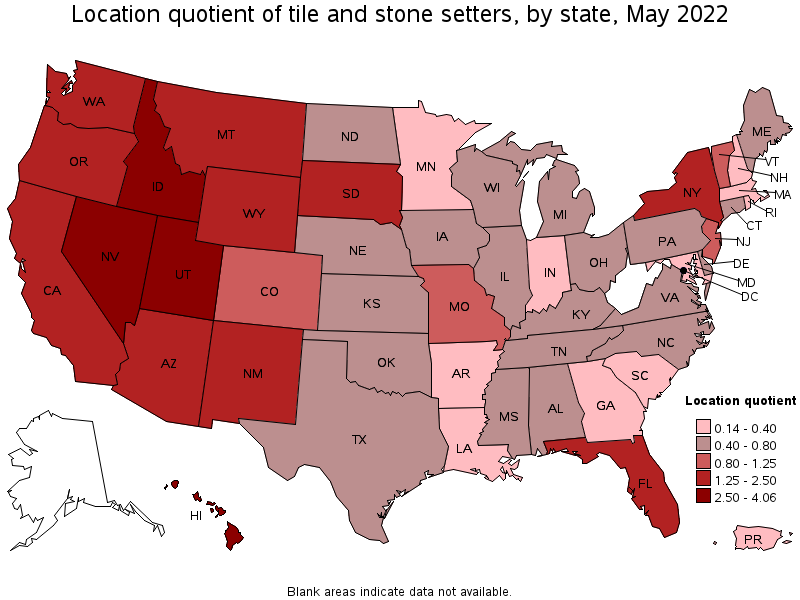 Map of location quotient of tile and stone setters by state, May 2022