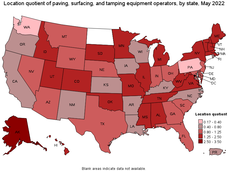 Map of location quotient of paving, surfacing, and tamping equipment operators by state, May 2022