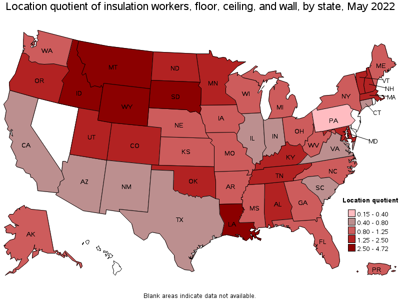 Map of location quotient of insulation workers, floor, ceiling, and wall by state, May 2022