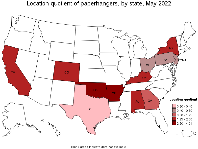 Map of location quotient of paperhangers by state, May 2022