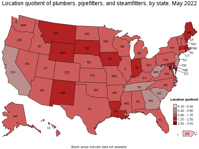 Map of location quotient of plumbers, pipefitters, and steamfitters by state, May 2022
