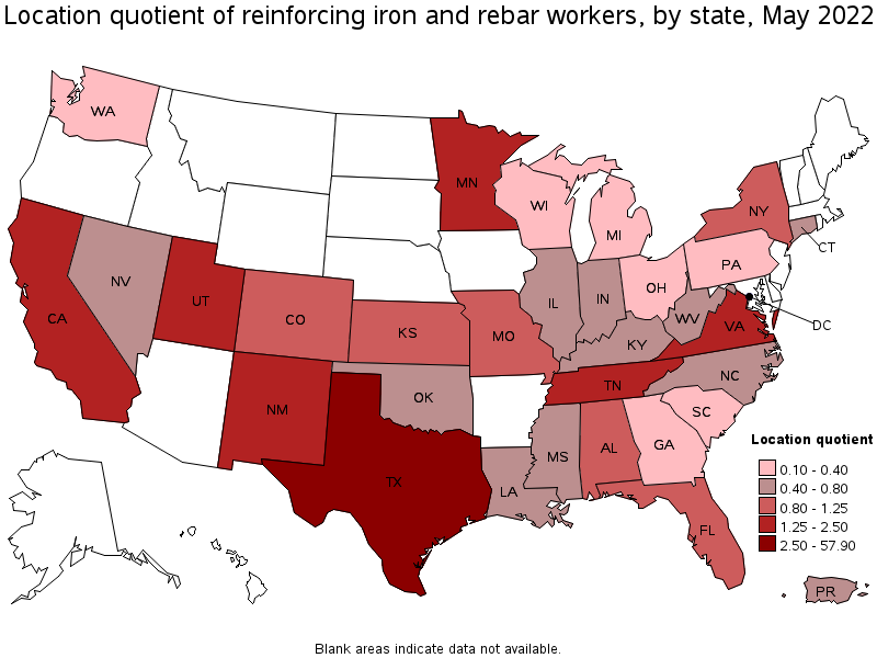 Map of location quotient of reinforcing iron and rebar workers by state, May 2022