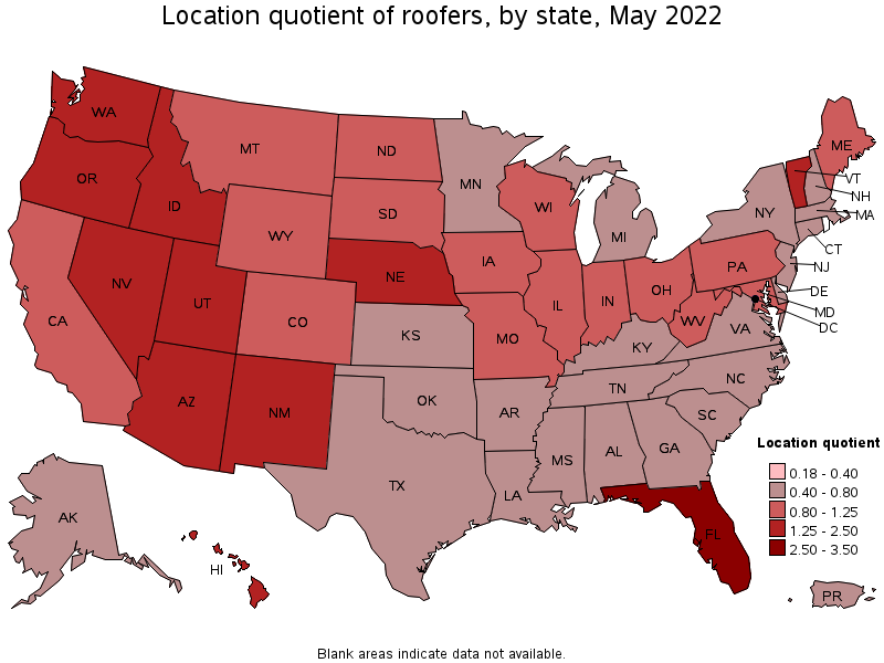 Map of location quotient of roofers by state, May 2022