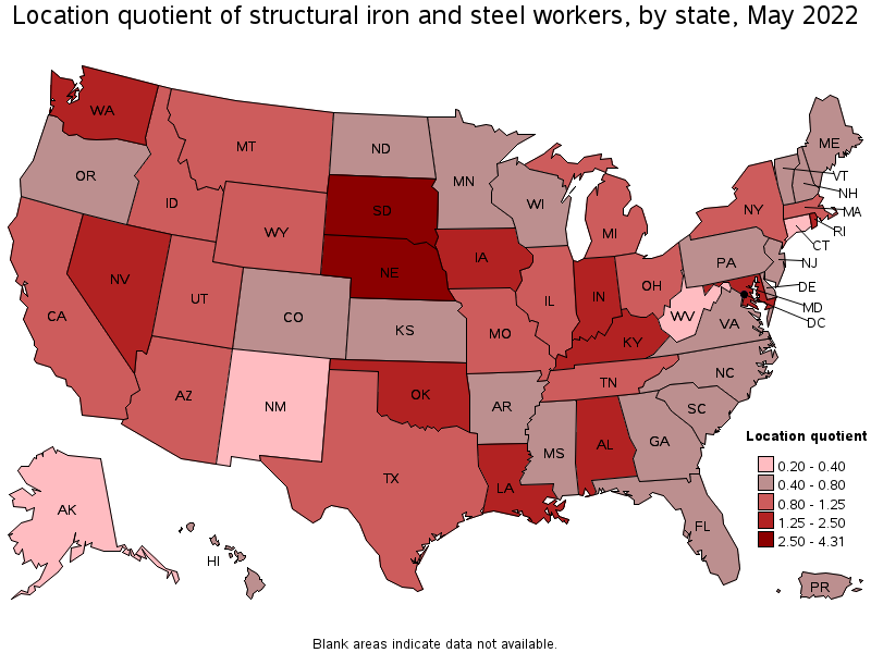 Map of location quotient of structural iron and steel workers by state, May 2022