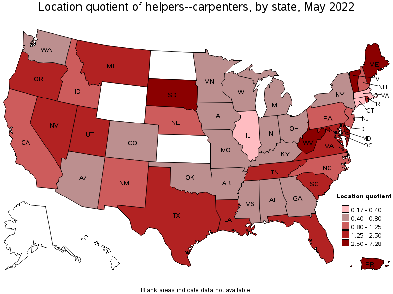 Map of location quotient of helpers--carpenters by state, May 2022