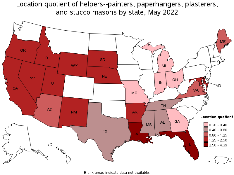 Map of location quotient of helpers--painters, paperhangers, plasterers, and stucco masons by state, May 2022