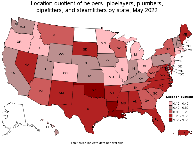 Map of location quotient of helpers--pipelayers, plumbers, pipefitters, and steamfitters by state, May 2022