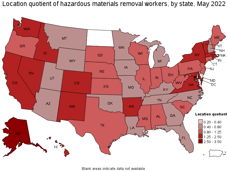 Map of location quotient of hazardous materials removal workers by state, May 2022