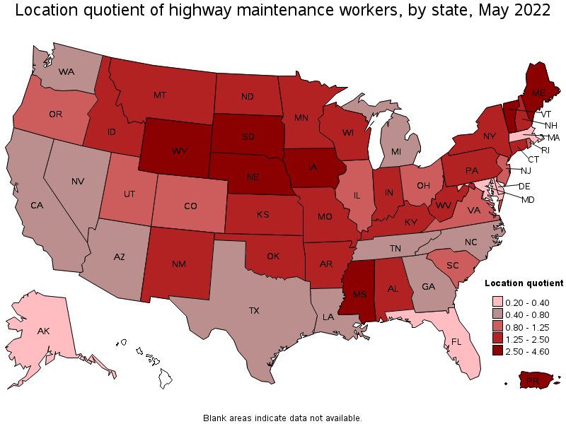 Map of location quotient of highway maintenance workers by state, May 2022