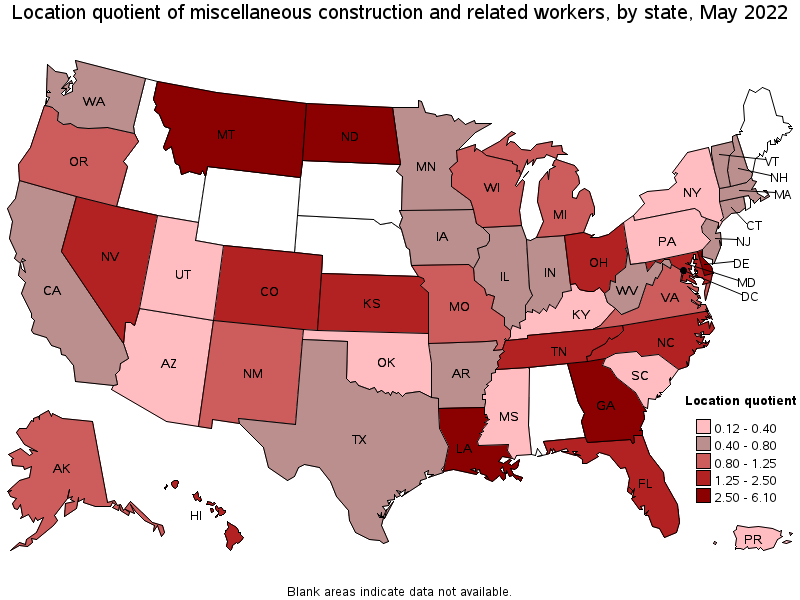 Map of location quotient of miscellaneous construction and related workers by state, May 2022