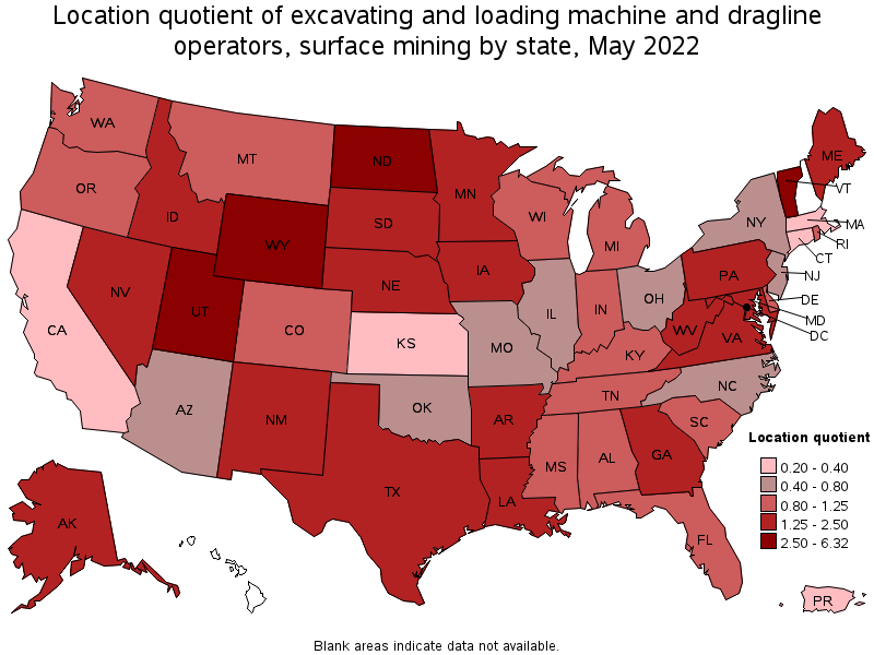 Map of location quotient of excavating and loading machine and dragline operators, surface mining by state, May 2022