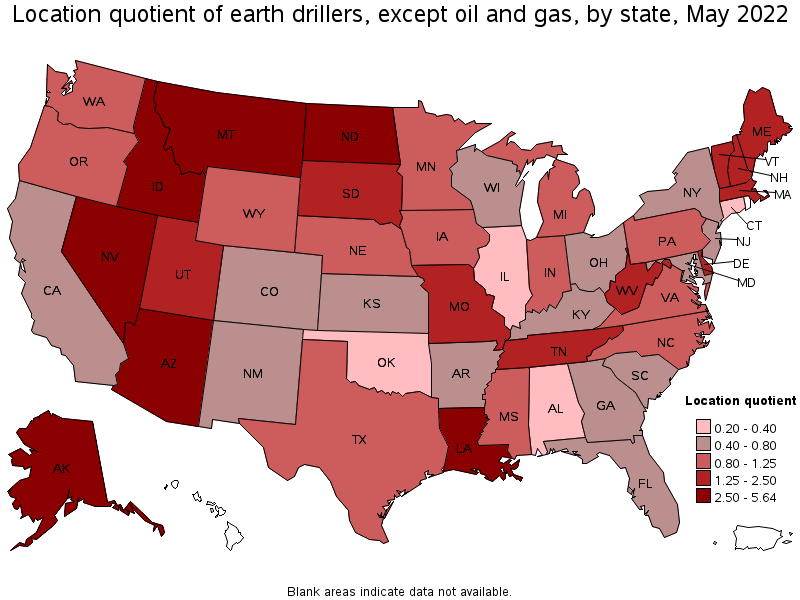 Map of location quotient of earth drillers, except oil and gas by state, May 2022