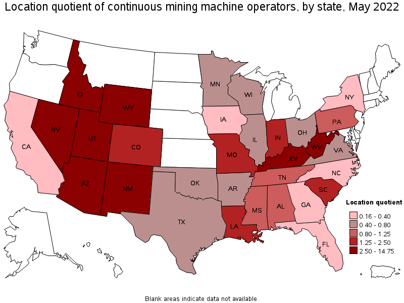 Map of location quotient of continuous mining machine operators by state, May 2022