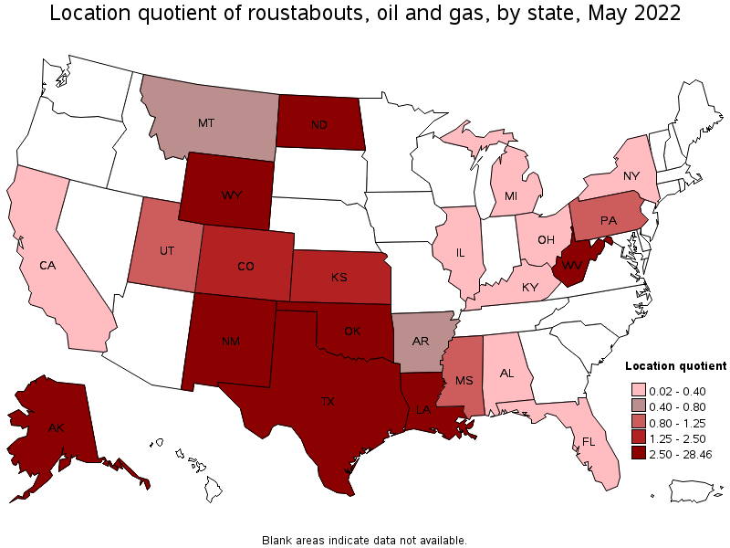 Map of location quotient of roustabouts, oil and gas by state, May 2022