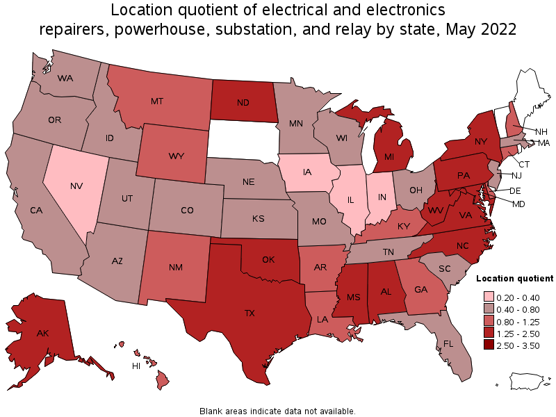 Map of location quotient of electrical and electronics repairers, powerhouse, substation, and relay by state, May 2022