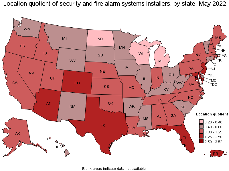 Map of location quotient of security and fire alarm systems installers by state, May 2022