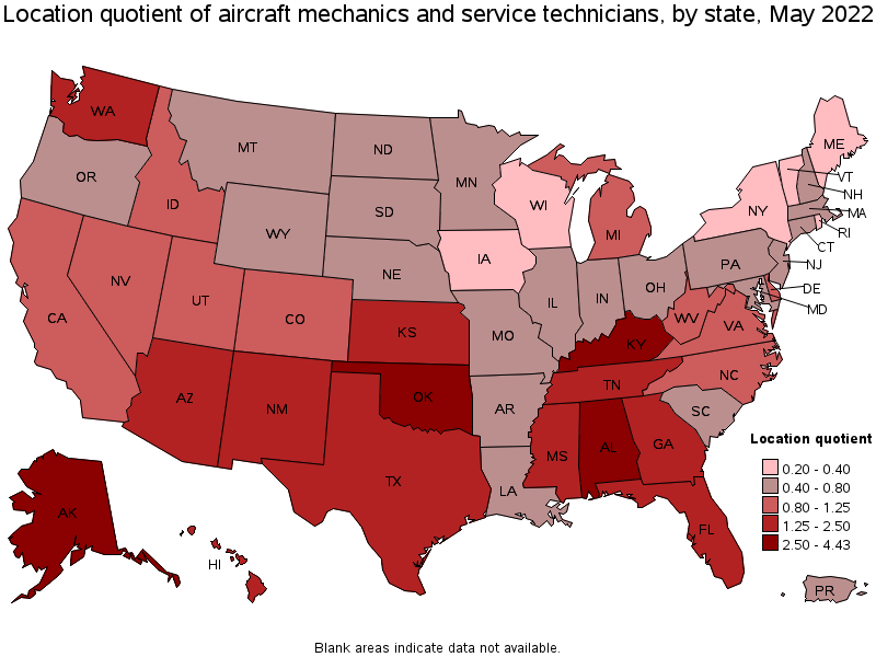 Map of location quotient of aircraft mechanics and service technicians by state, May 2022