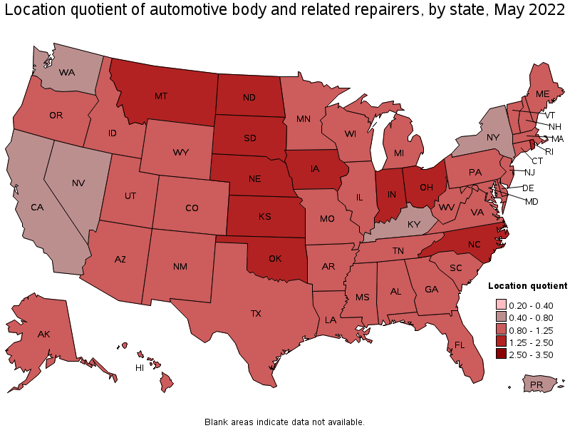 Map of location quotient of automotive body and related repairers by state, May 2022