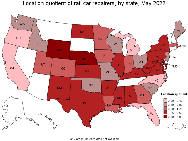 Map of location quotient of rail car repairers by state, May 2022
