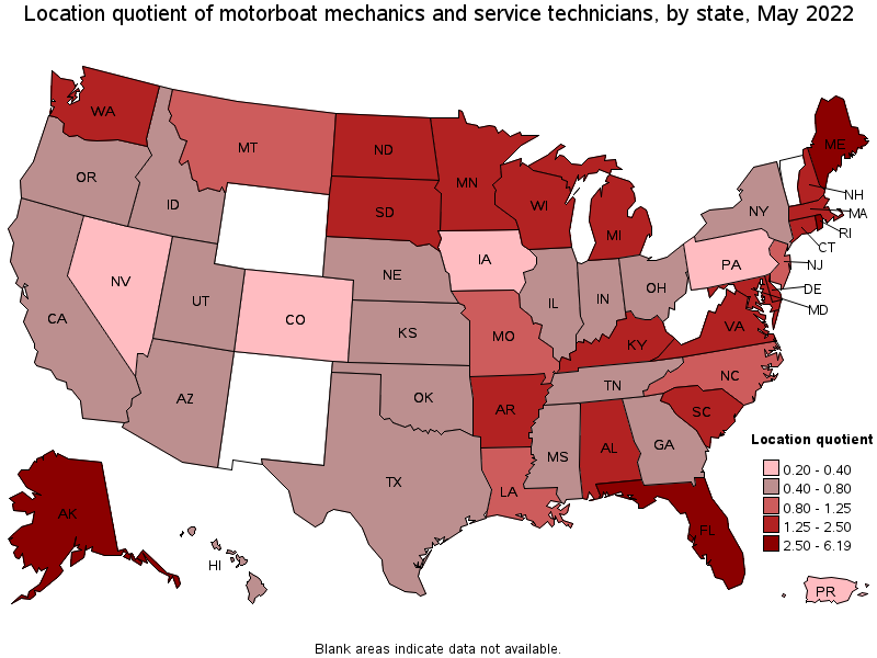 Map of location quotient of motorboat mechanics and service technicians by state, May 2022