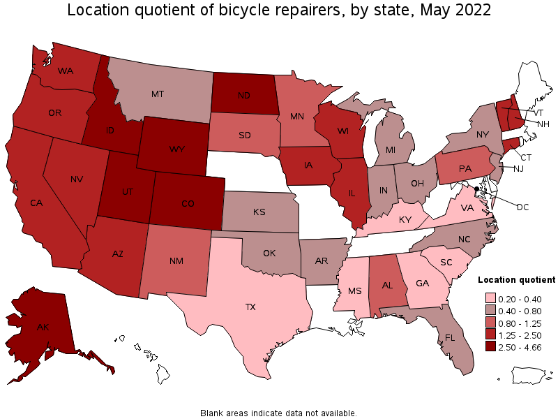 Map of location quotient of bicycle repairers by state, May 2022
