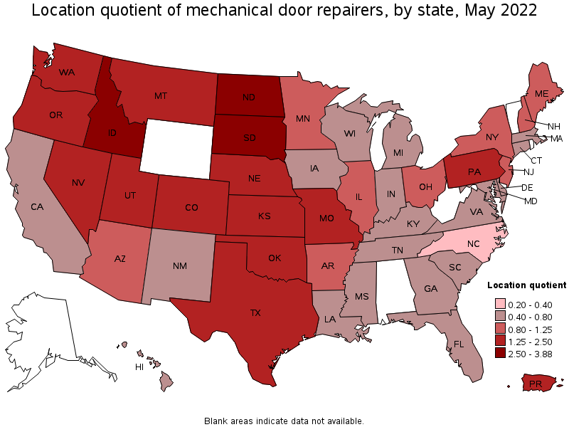 Map of location quotient of mechanical door repairers by state, May 2022