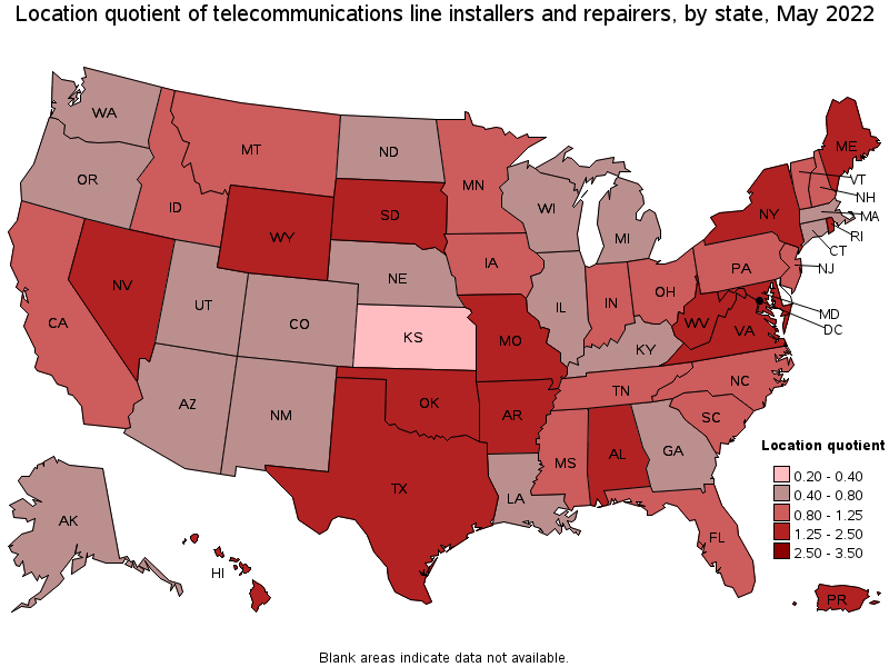 Map of location quotient of telecommunications line installers and repairers by state, May 2022