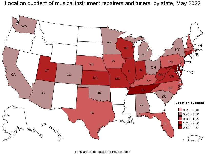 Map of location quotient of musical instrument repairers and tuners by state, May 2022