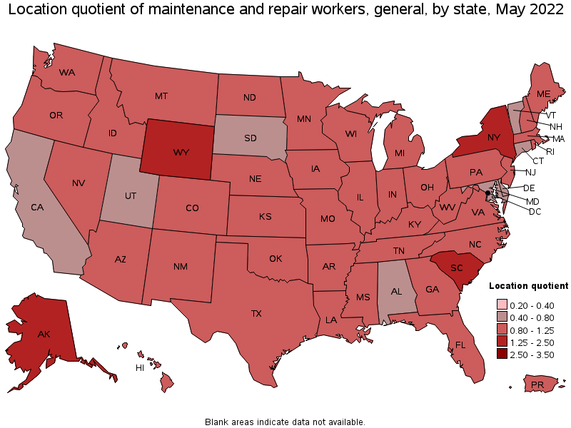 Map of location quotient of maintenance and repair workers, general by state, May 2022