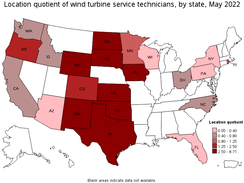 Map of location quotient of wind turbine service technicians by state, May 2022