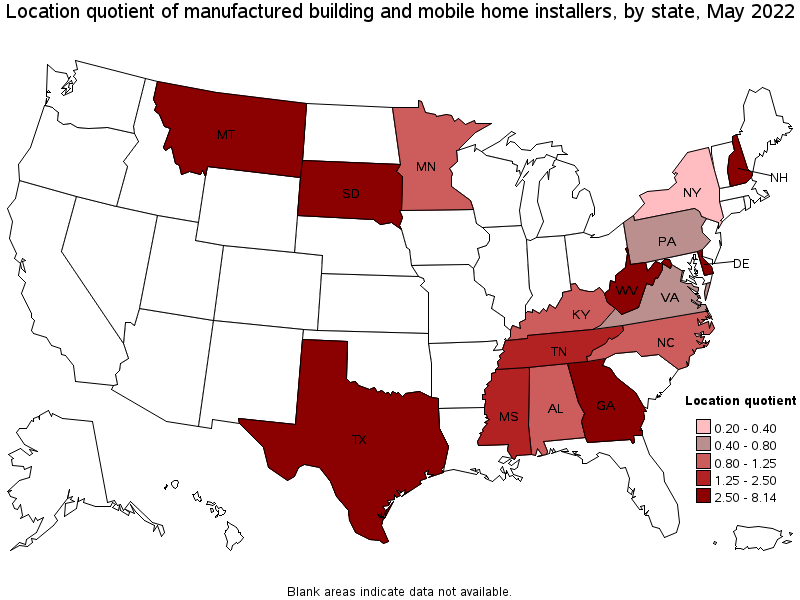 Map of location quotient of manufactured building and mobile home installers by state, May 2022