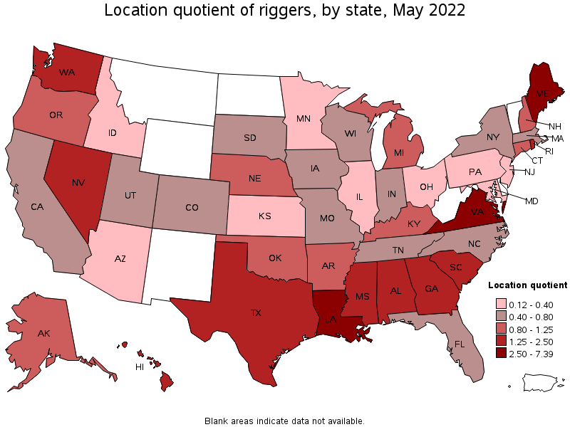 Map of location quotient of riggers by state, May 2022