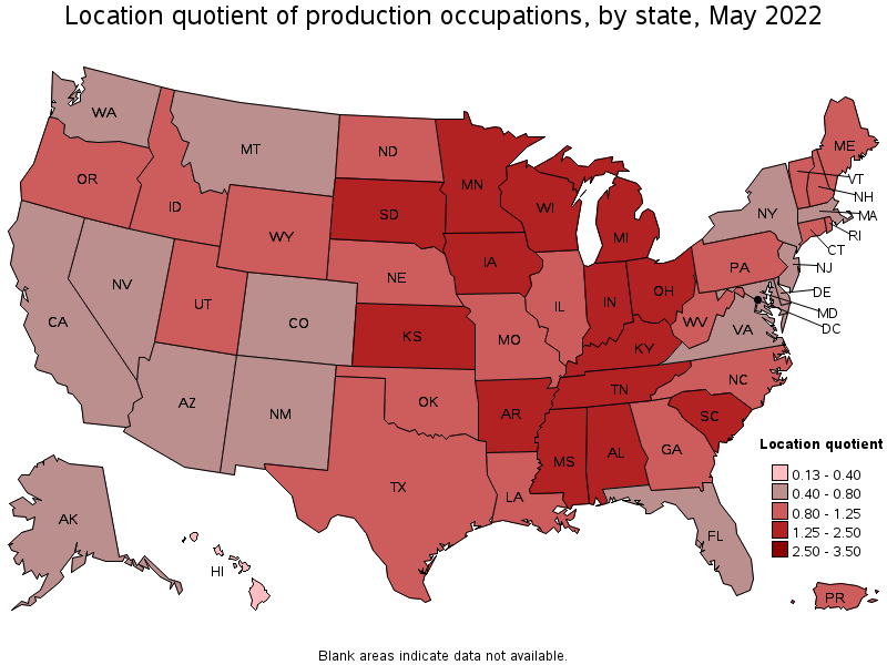 Map of location quotient of production occupations by state, May 2022