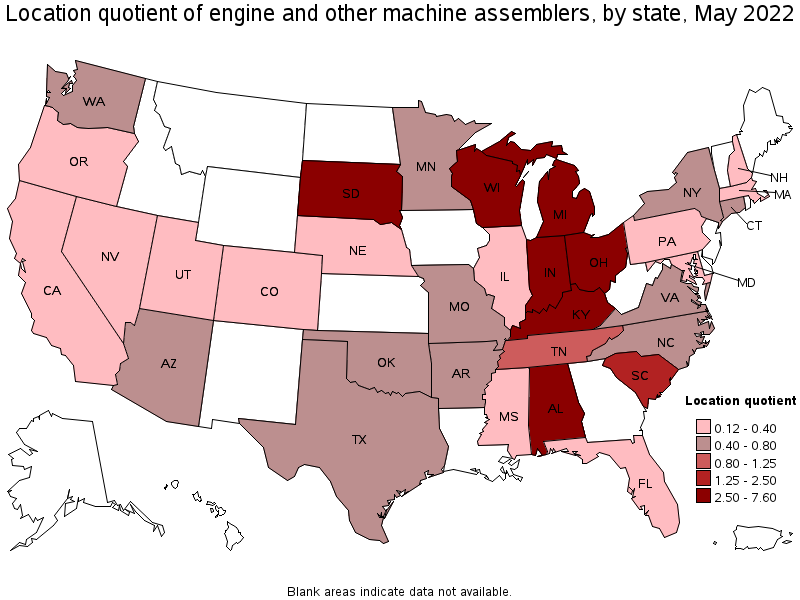 Map of location quotient of engine and other machine assemblers by state, May 2022