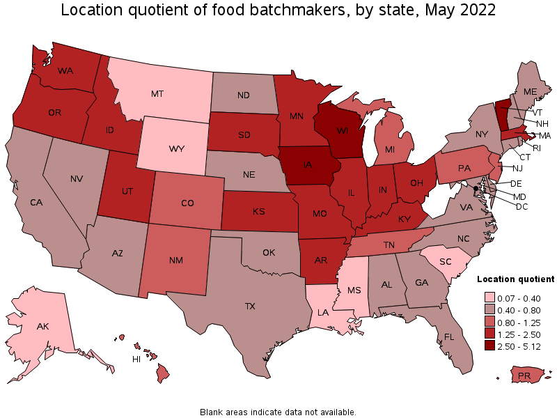 Map of location quotient of food batchmakers by state, May 2022