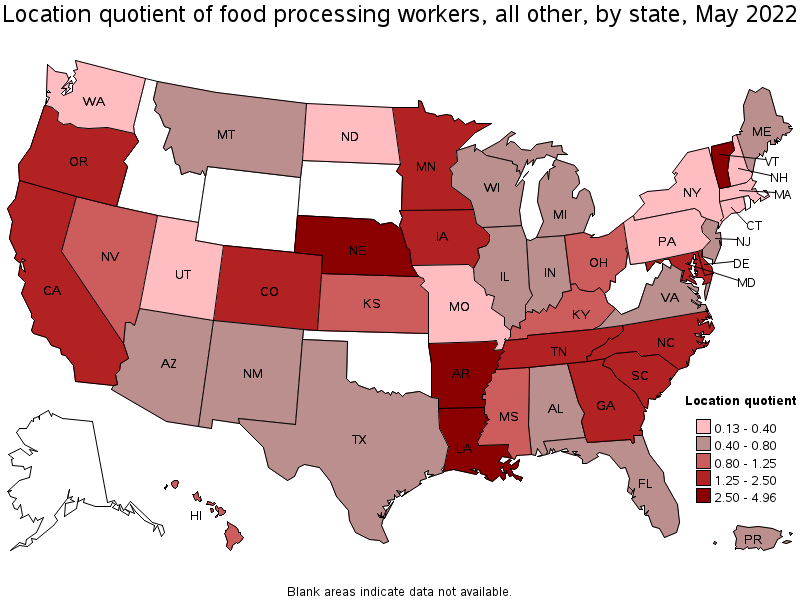 Map of location quotient of food processing workers, all other by state, May 2022