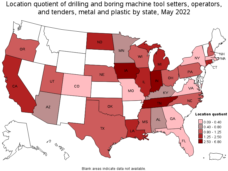 Map of location quotient of drilling and boring machine tool setters, operators, and tenders, metal and plastic by state, May 2022