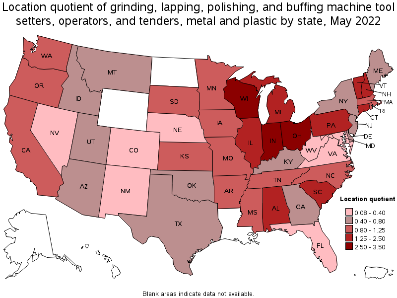 Map of location quotient of grinding, lapping, polishing, and buffing machine tool setters, operators, and tenders, metal and plastic by state, May 2022