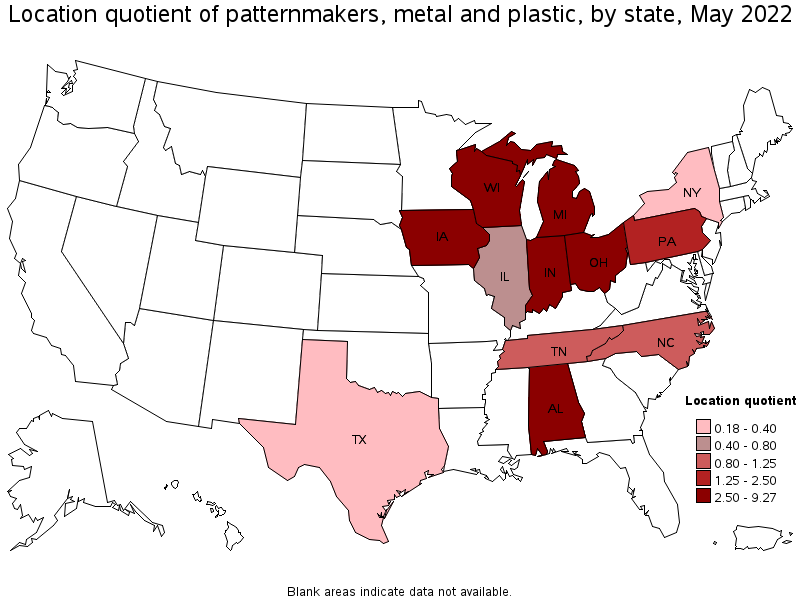 Map of location quotient of patternmakers, metal and plastic by state, May 2022