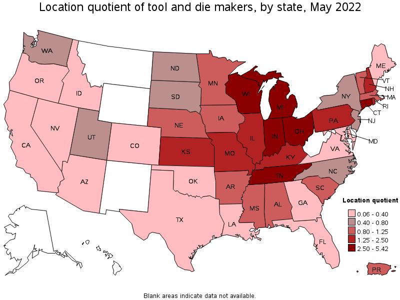 Map of location quotient of tool and die makers by state, May 2022