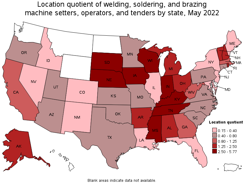 Map of location quotient of welding, soldering, and brazing machine setters, operators, and tenders by state, May 2022
