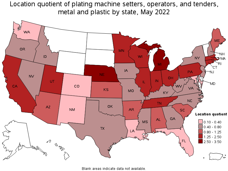 Map of location quotient of plating machine setters, operators, and tenders, metal and plastic by state, May 2022