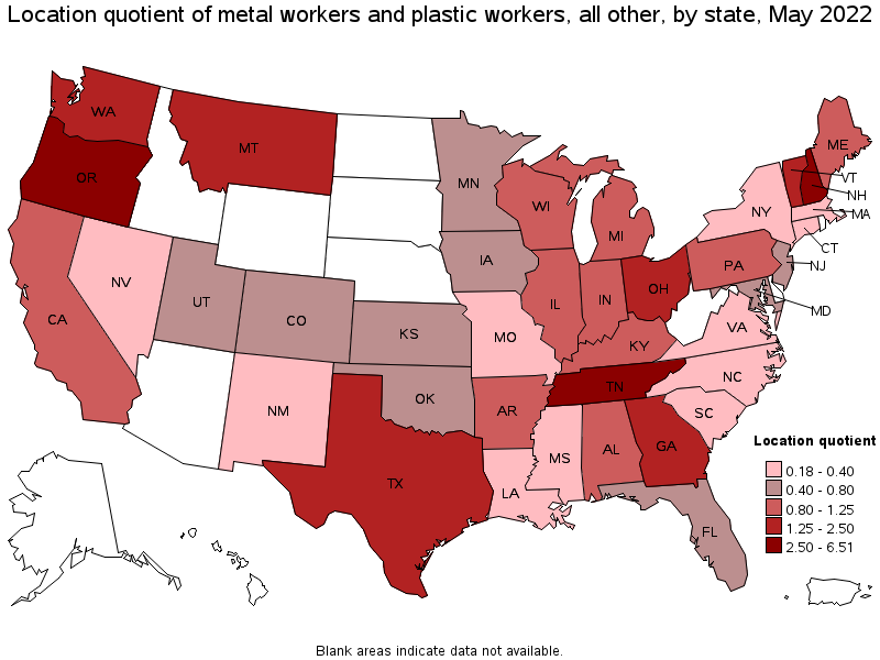Map of location quotient of metal workers and plastic workers, all other by state, May 2022