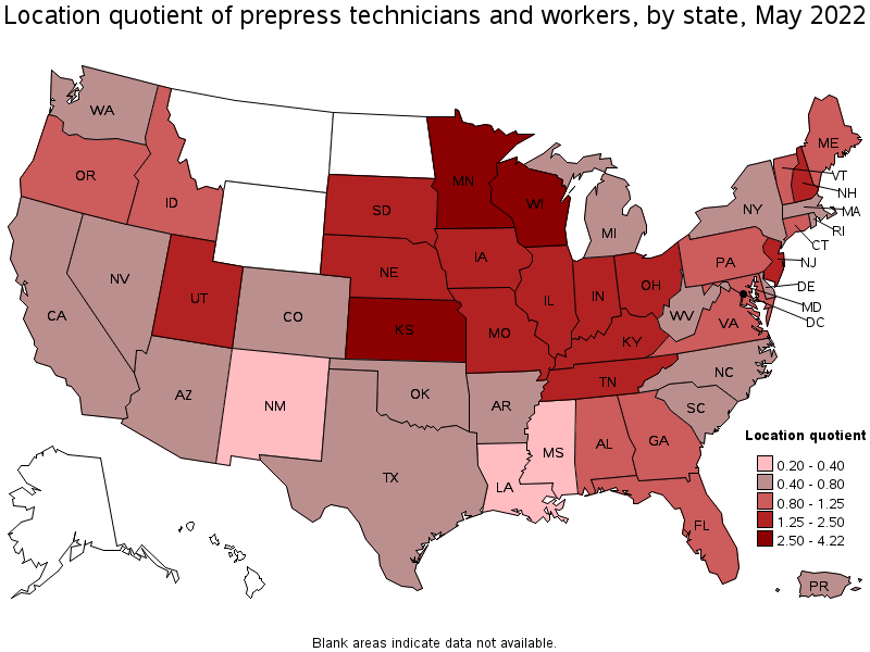 Map of location quotient of prepress technicians and workers by state, May 2022