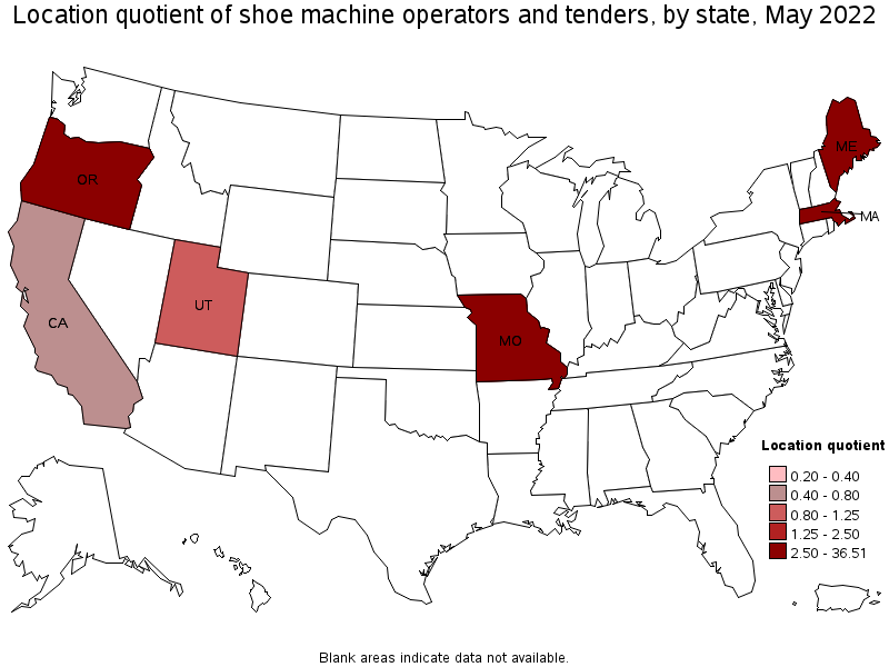 Map of location quotient of shoe machine operators and tenders by state, May 2022