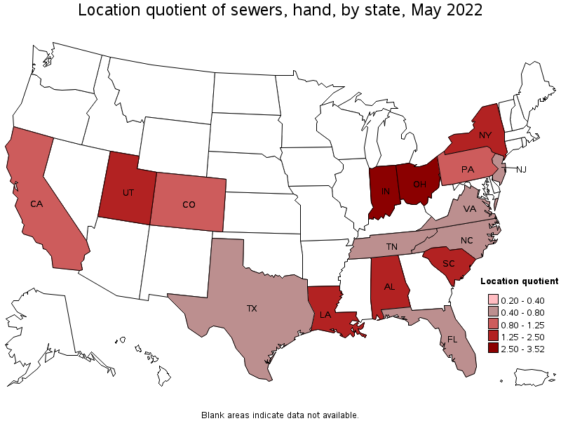 Map of location quotient of sewers, hand by state, May 2022