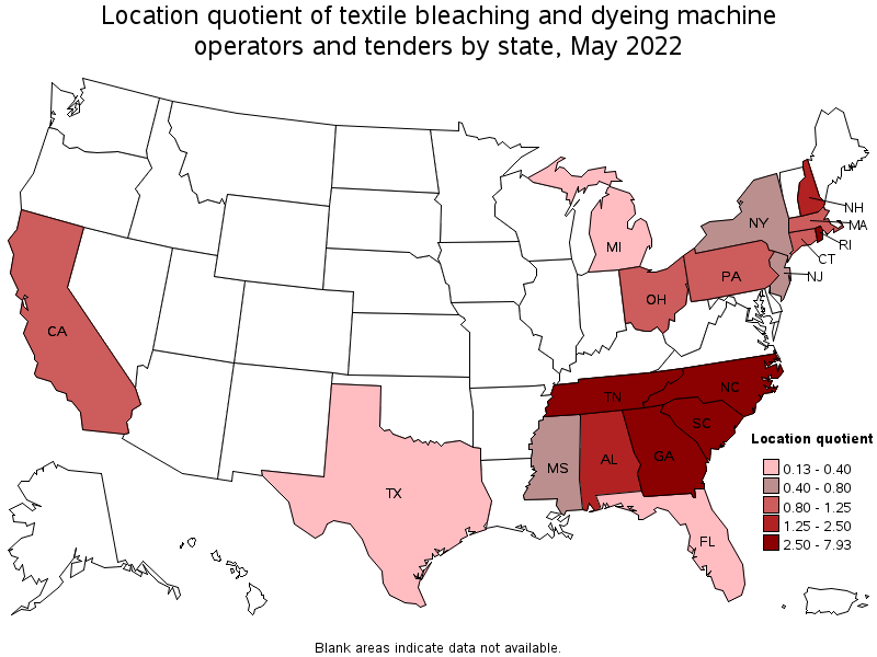 Map of location quotient of textile bleaching and dyeing machine operators and tenders by state, May 2022